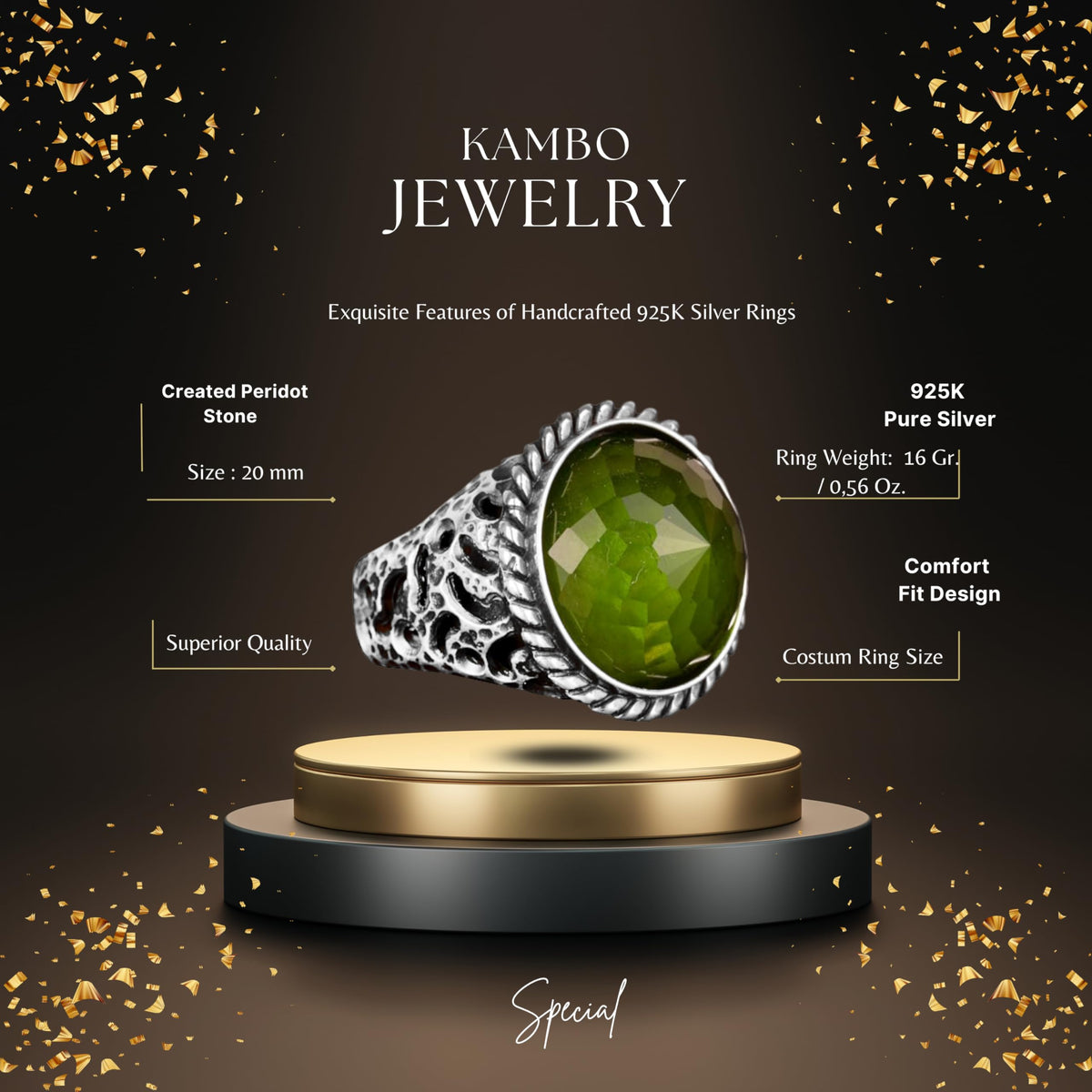 KAMBO Handmade 925 Sterling Silver Men's Peridot Stone Ring Minimalist Vintage Statement Jewelry Elegant Designer Band