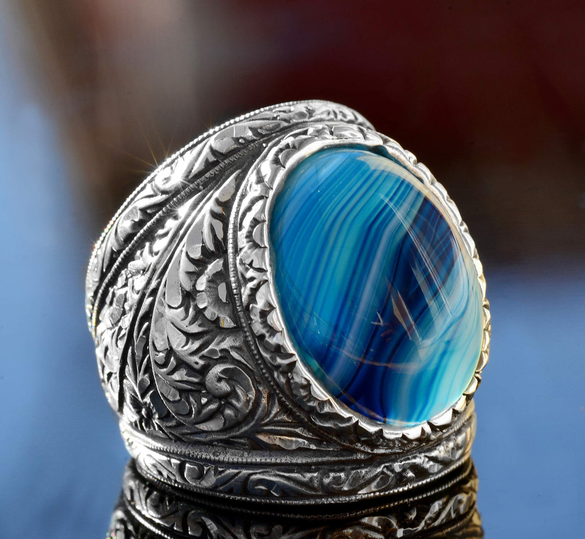KAMBO 925 Sterling Silver Men's Big Ring, Natural Blue Agate Silver Ring, Steel Pen Craft Design — 3