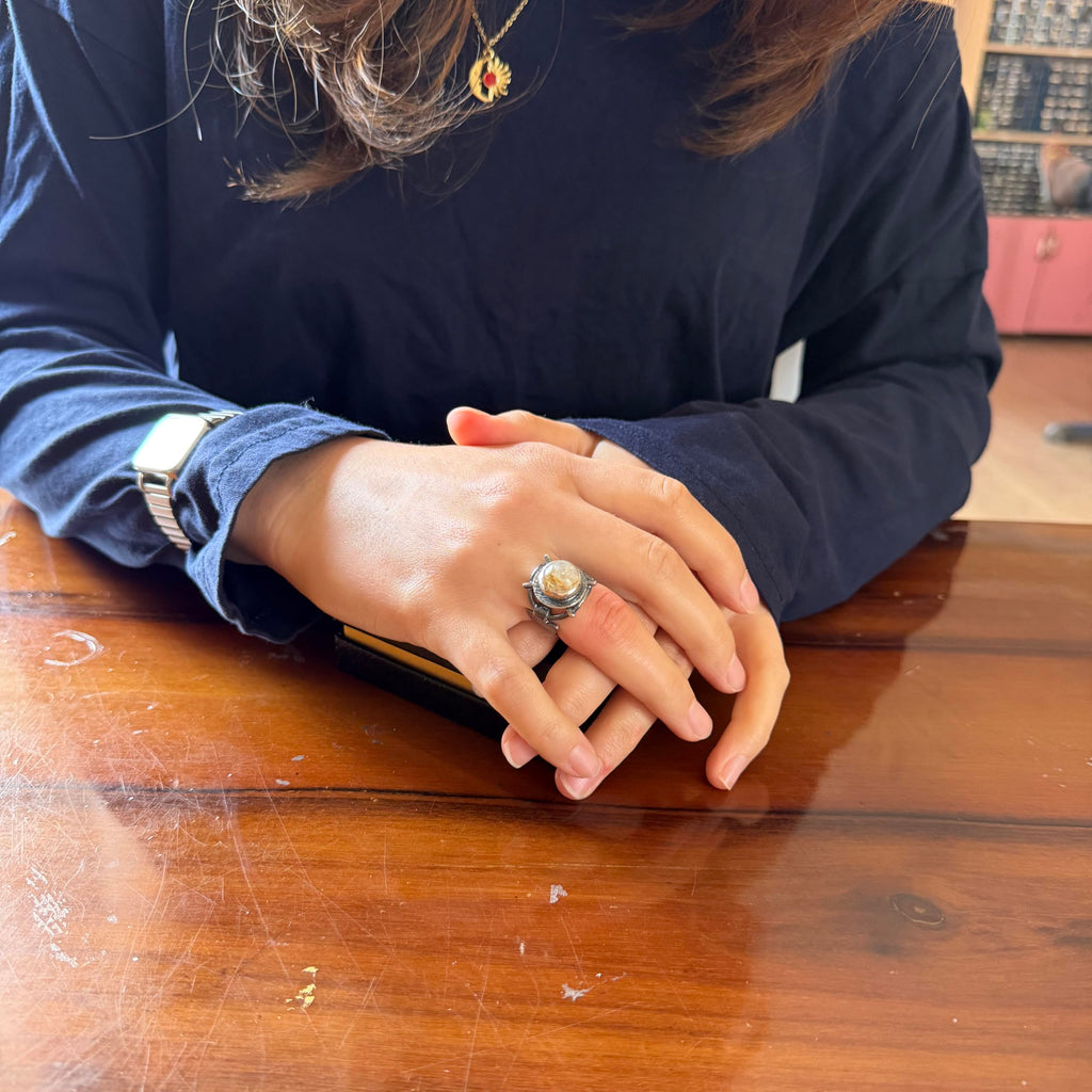 KAMBO Natural Rutilated Quartz Gold Women's Ring with 925 Sterling Silver Adjustable Industrial Nail Design Handmade — 3