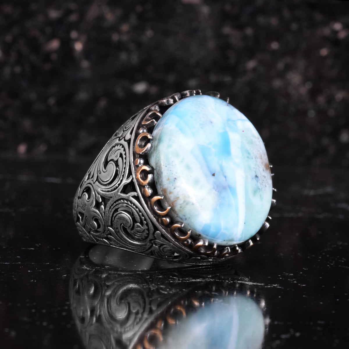 KAMBO Natural Stone Round Large Men's Ring – 925 Sterling Silver Handmade Ring – Statement Ring – Vintage Ottoman Style Men's Jewelry (Larimar) — 6