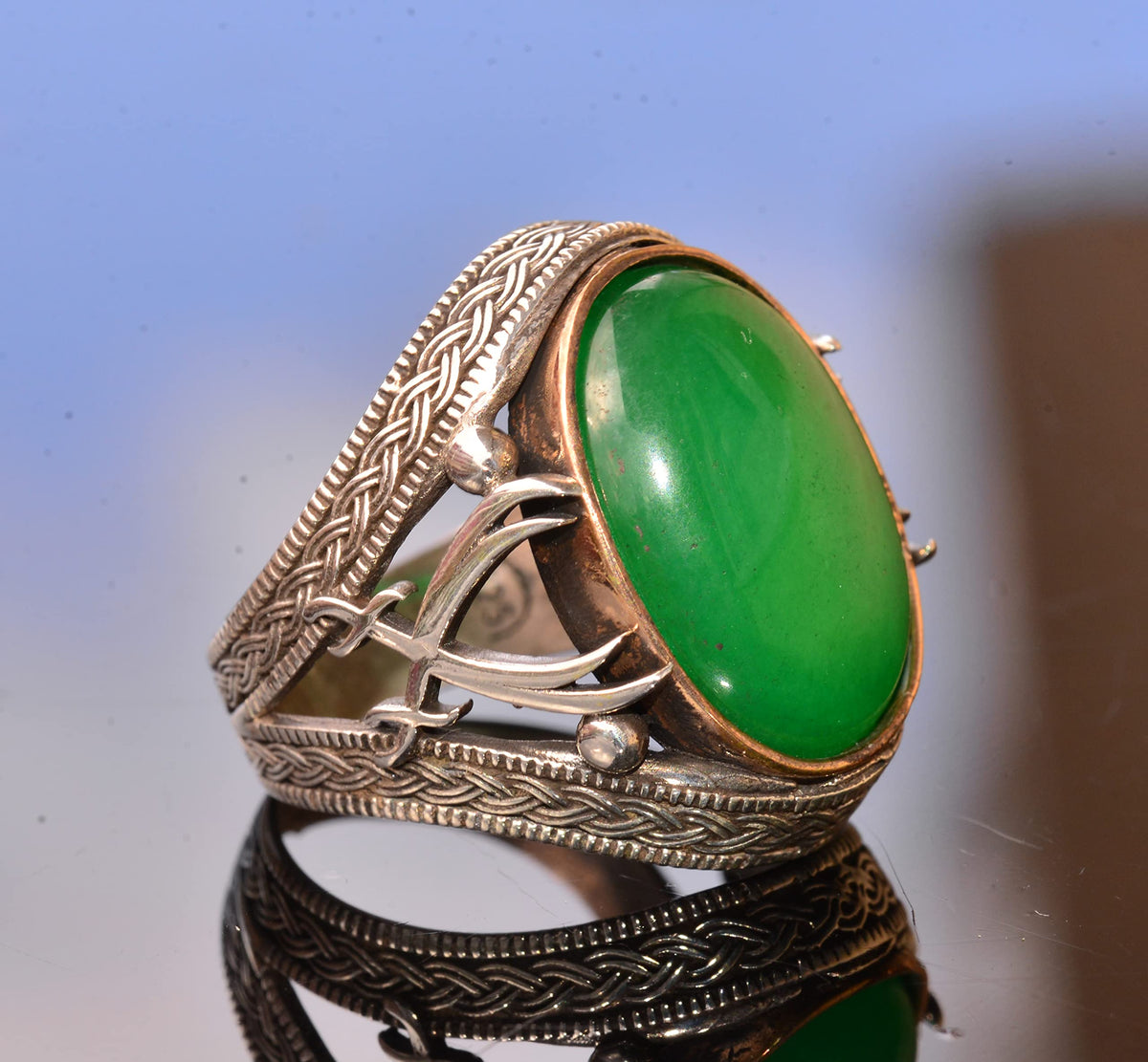 Natural Jade Stone Silver Men's Ring — 3