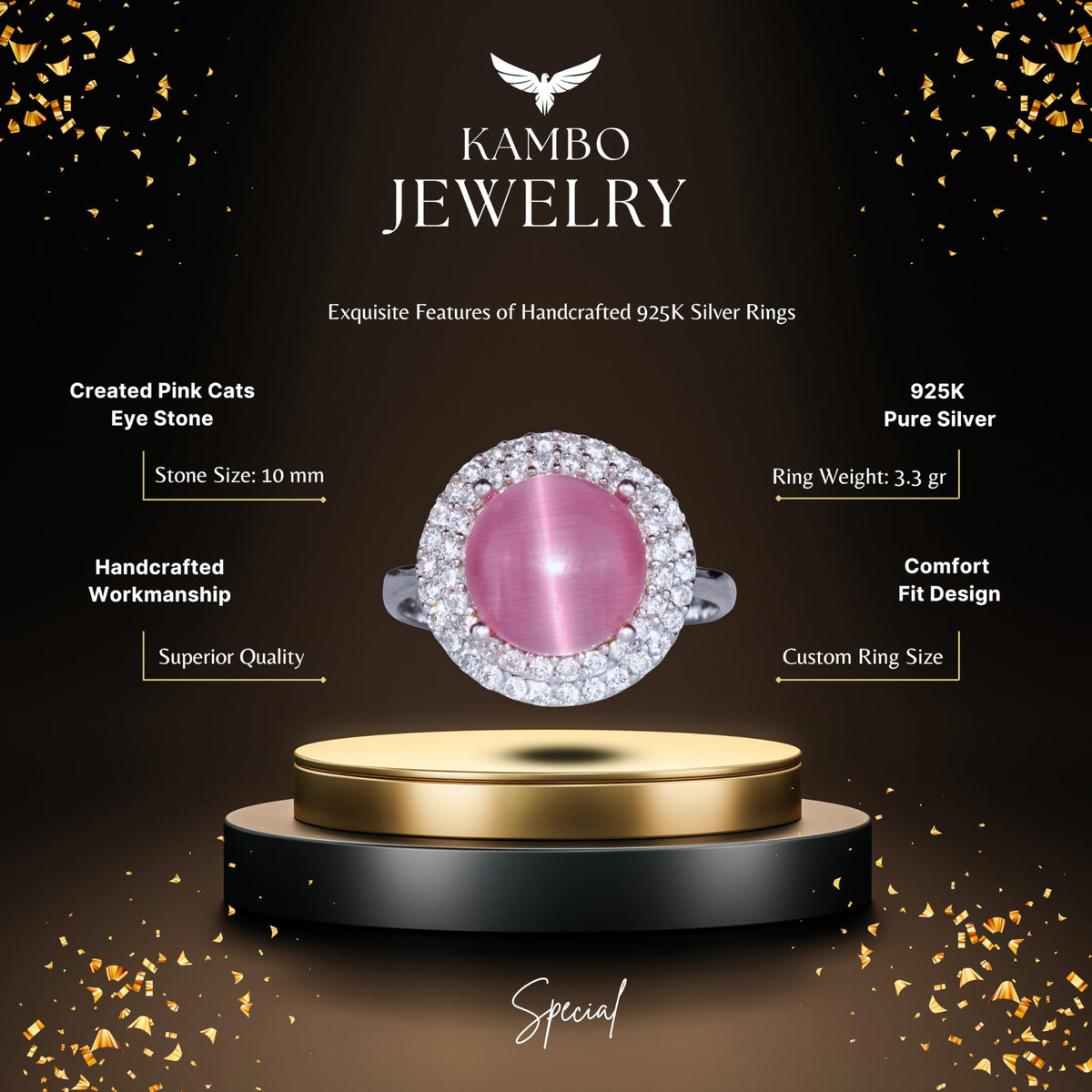 Kambo Cat's Eye Silver Ring - Women's Silver Ring (Pink Cat's Eye) — 2