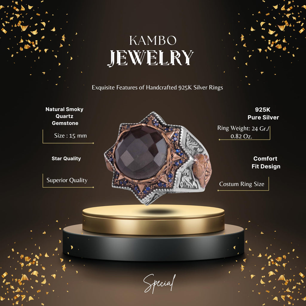 KAMBO 925 Sterling Silver Men's Natural Stone Ring – Warrior Helmet Motif Handmade Star Frame – Protective Spiritual Jewelry (Smoky Quartz) — 2