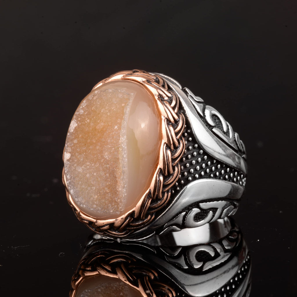 Natural Druzy Crystal Quartz Stone Ring - 925 Sterling Silver (Yellow) — 3