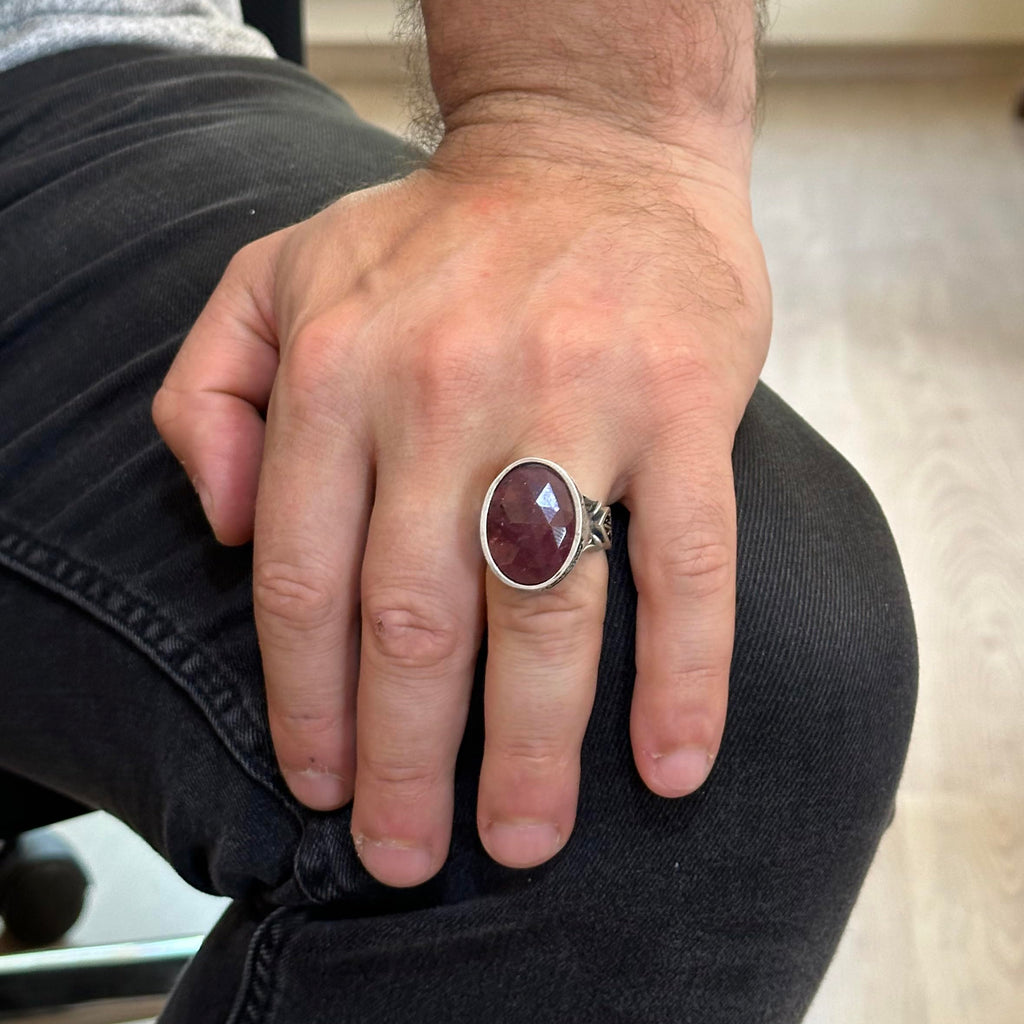 Men's Islamic Ring, Handmade 925 Sterling Silver, Red Sapphire Stone - Symbol of Passion, Protection, and Spirituality — 3