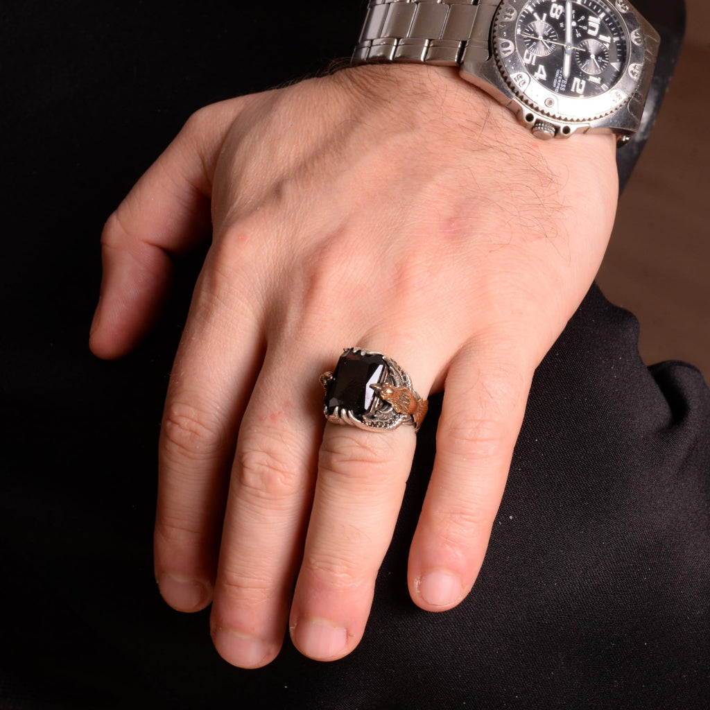 Natural Obsidian Stone Ring, 925 Sterling Silver Ring, Bird Ring — 3