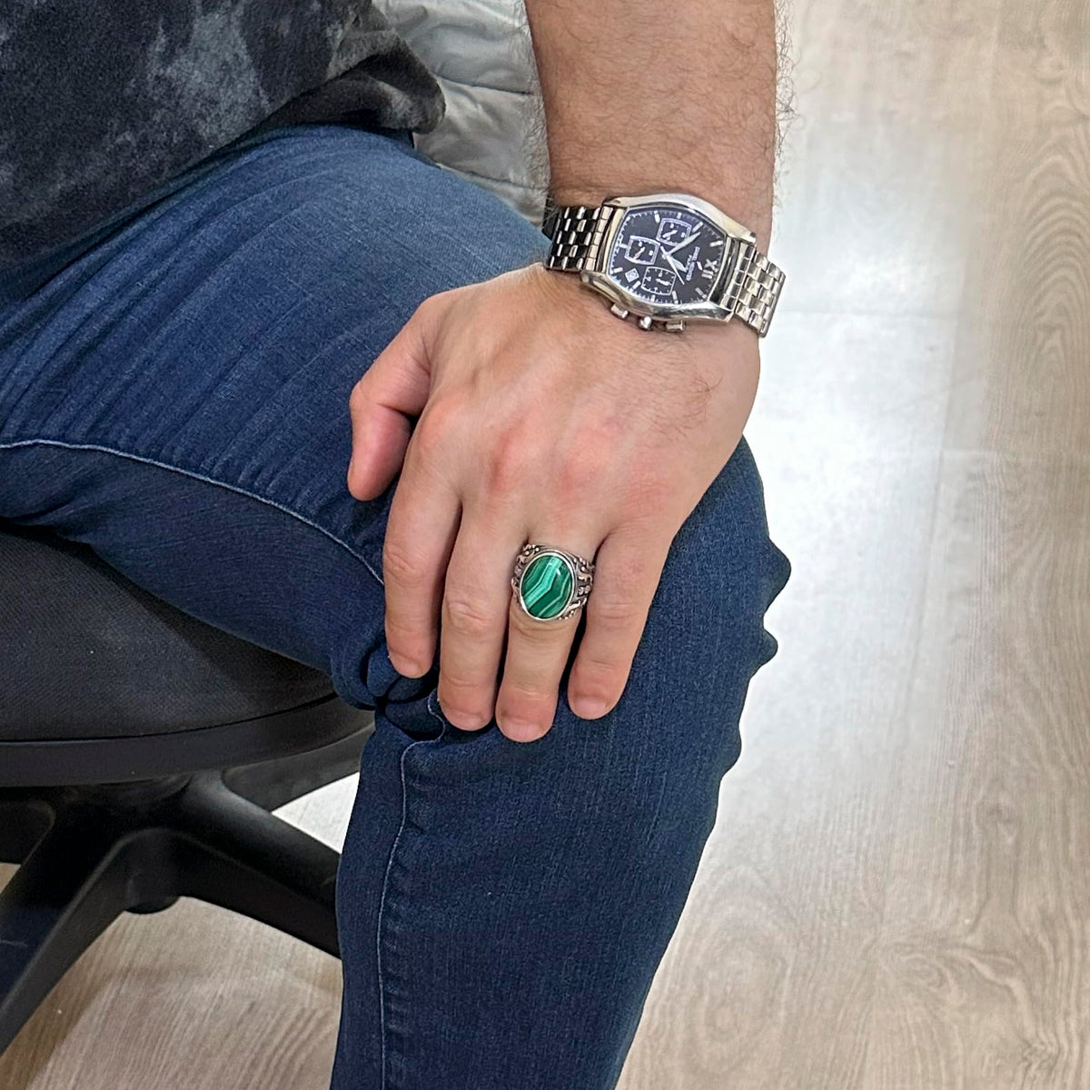 Natural Malachite Stone Ring, 925 Sterling Silver Men's Ring (Model-2) — 3