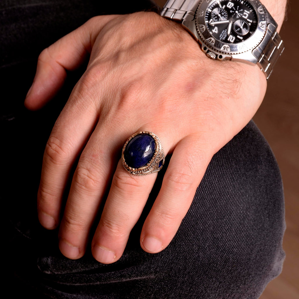 Handmade Silver Men's Ring | Natural Cabochon Sapphire Stone — 6