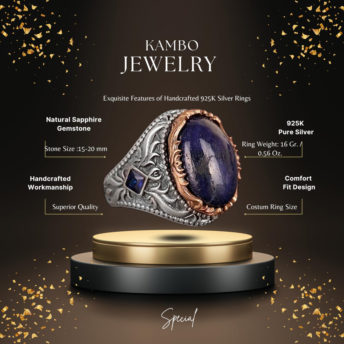 Handmade Silver Men's Ring | Natural Cabochon Sapphire Stone — 2