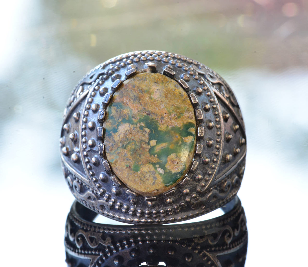 Natural Arizona Turquoise Stone Ring, Byzantine Ring, Silver Ring — 8