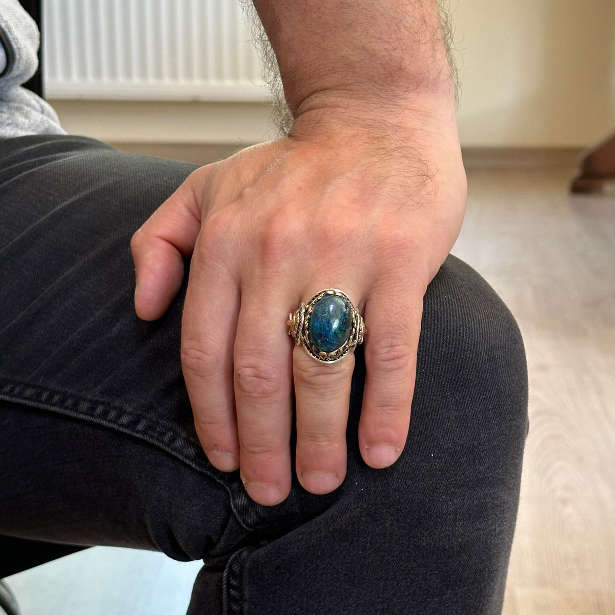 Silver Lion Ring, Handmade Azurite Stone Ring — 3