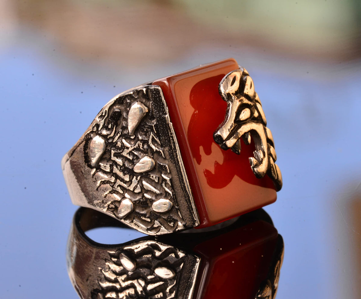 Natural Red Agate Stone Lion Head Ring - Silver Men's Ring — 4