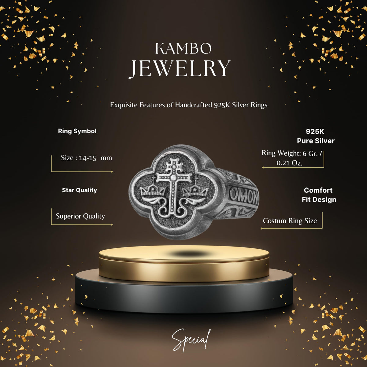 KAMBO 925 Sterling Silver Cross and Crown Ring – Handmade Religious Men's Ring – Christian Symbol Statement Jewelry — 2