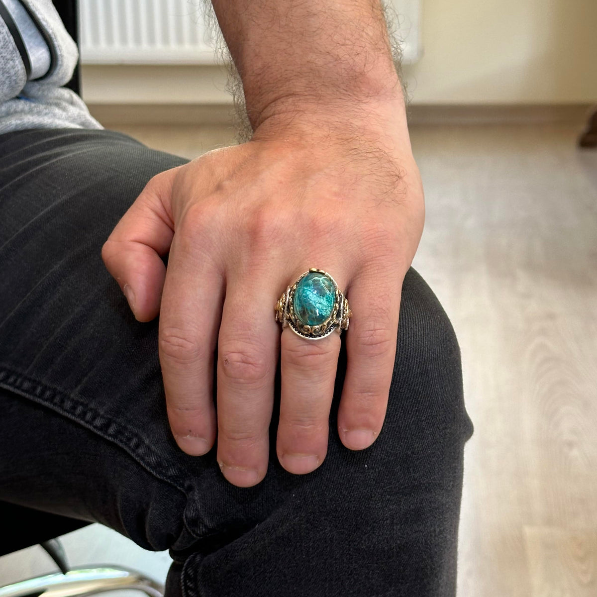 925 Sterling Silver Men's Ring, Natural Chrysocolla Stone Ring, Lion Head Ring — 3