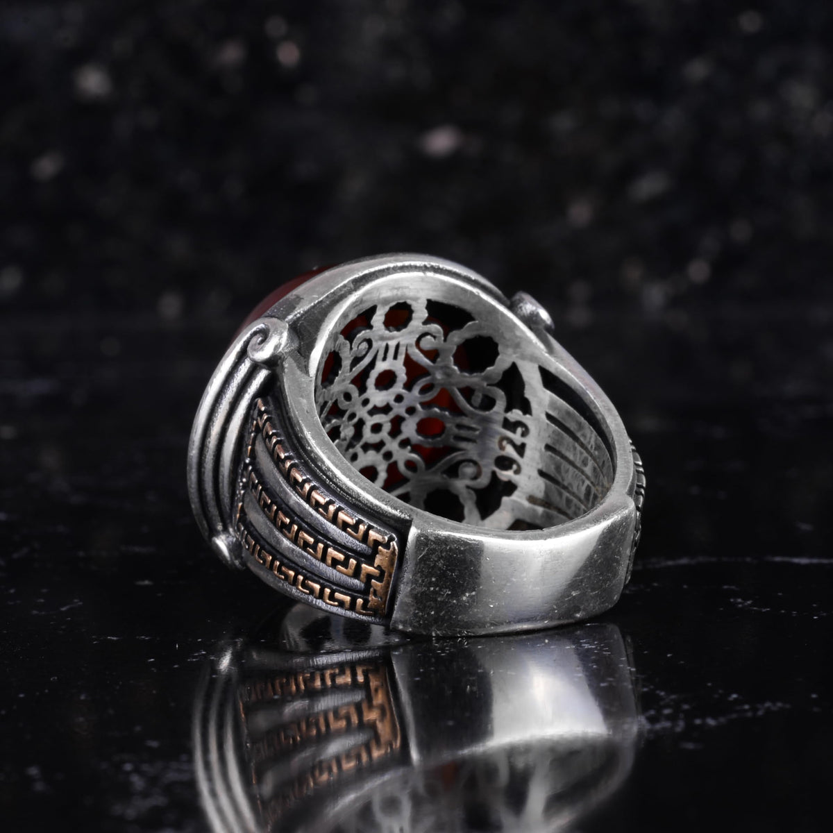 KAMBO Stone Round Men's Ring 925 Sterling Silver – Cabochon Handmade Vintage Greek Pattern Statement Ring (Red Agate) — 7