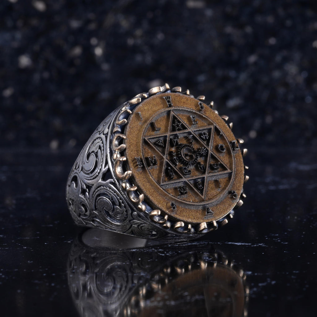 KAMBO Large Men's Ring – 925 Sterling Silver Handmade Ring – Round Ottoman Style Amulet Statement Ring – Vintage Artisan Men's Jewelry (Seal of Solomon Dark Antique) — 6