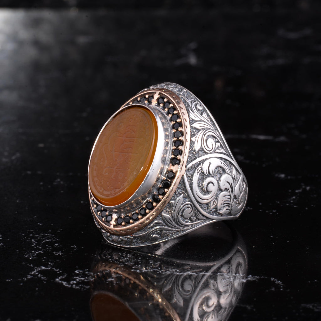 Men's Natural Stone Large Ring – Oval Stone Vintage Byzantine Engraved Statement Ring - Antique Filigree 925 Sterling Silver Jewelry (Arabic Calligraphy Yemen Agate) — 4