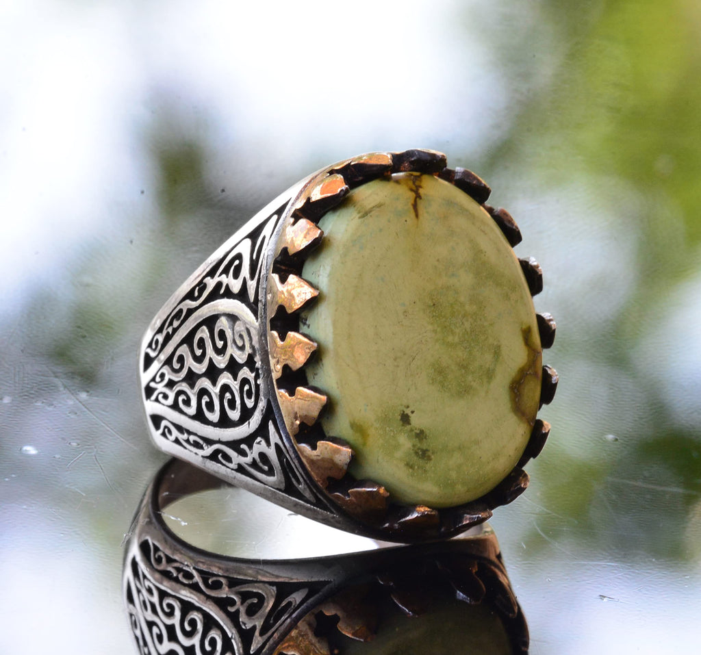 Natural Green Turquoise Ring, Silver Green Turquoise Ring, 925 Sterling Silver Men's Ring, Large Ring — 3