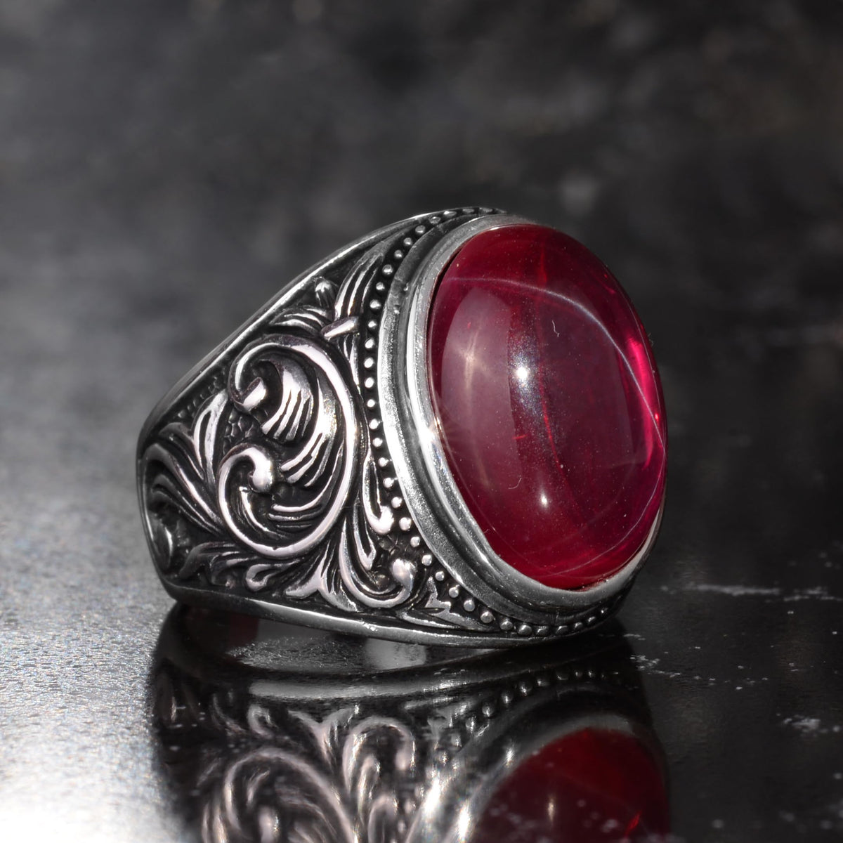 KAMBO Natural Star Ruby Stone Ring for Men 925 Sterling Silver Ottoman Pattern Handmade Statement Ring Asterism Ruby — 5