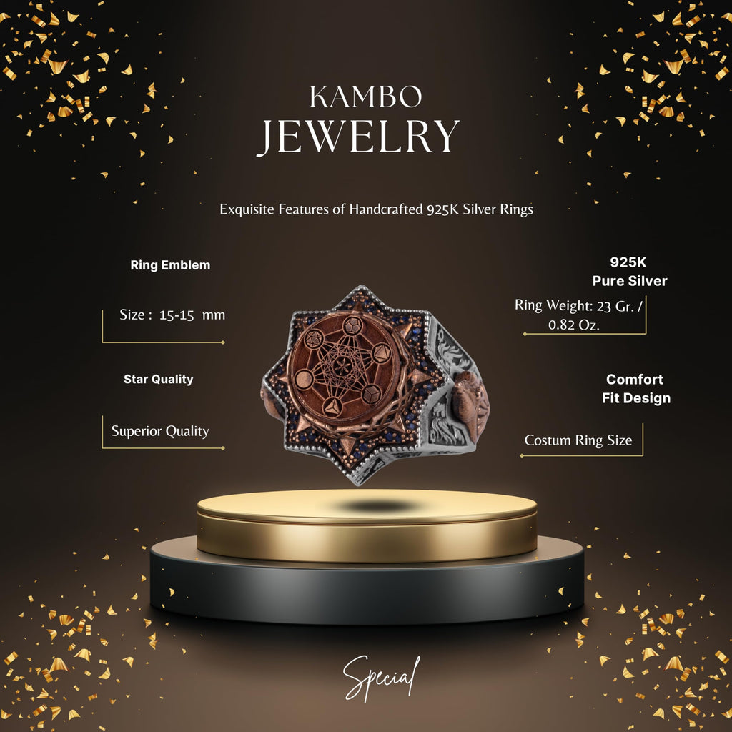 KAMBO Star Shaped Metatron Cube Men's Ring – Bronze Detailed 925 Sterling Silver Ring – Handmade Symbolic Large Statement Ring — 2