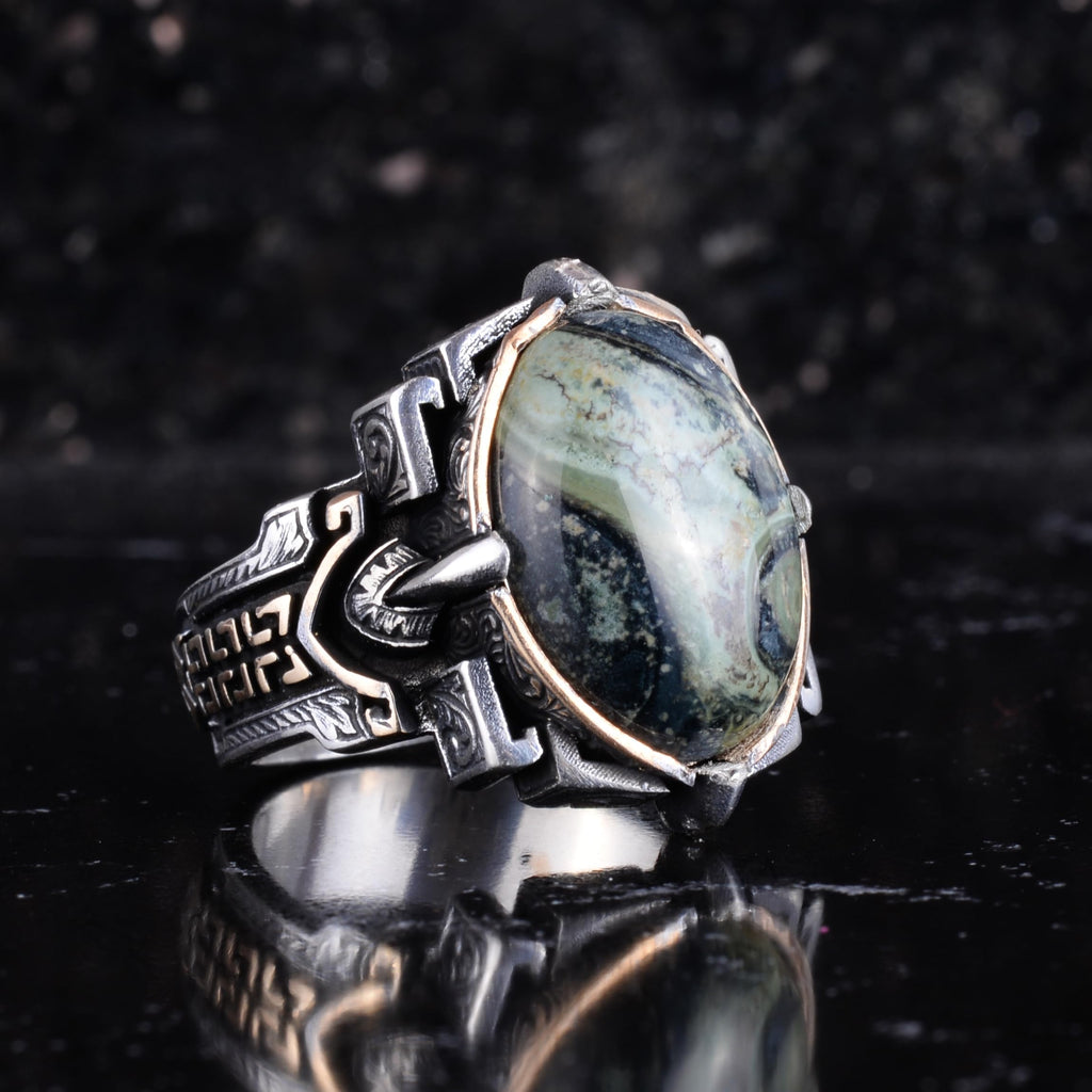 KAMBO Natural Stone Ring 925 Sterling Silver – Handmade Men's Statement Ring Healing Jewelry (Green Eye) — 6