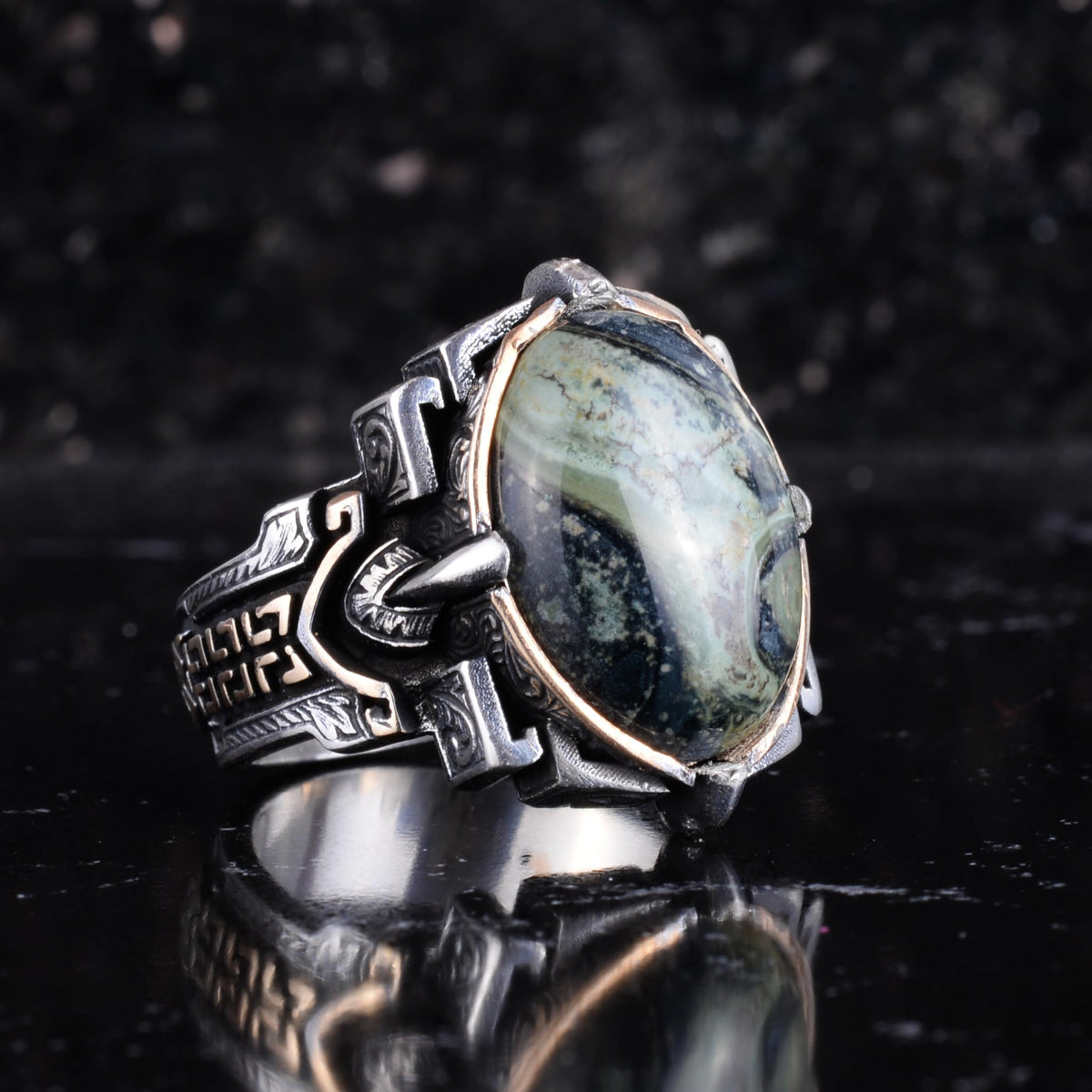 KAMBO Natural Stone Ring 925 Sterling Silver – Handmade Men's Statement Ring Healing Jewelry (Green Eye) — 6
