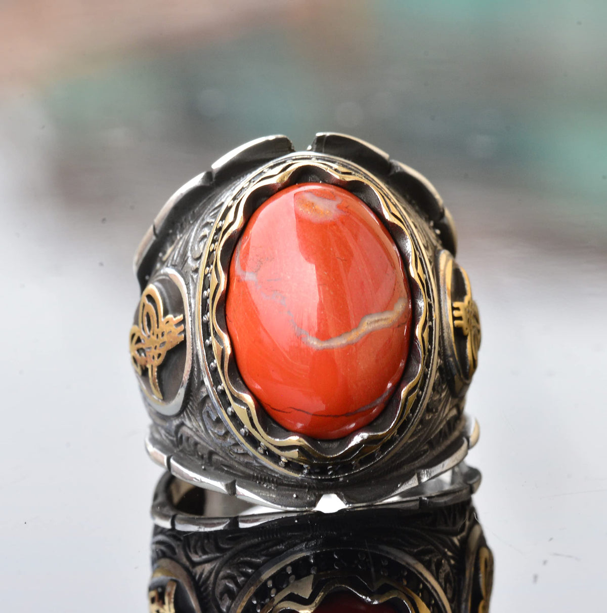 KAMBO Handmade Genuine Natural Bloodstone Ring 11.15 Carat, 925 Sterling Silver Ottoman Signet Ring, Middle Eastern Ethn