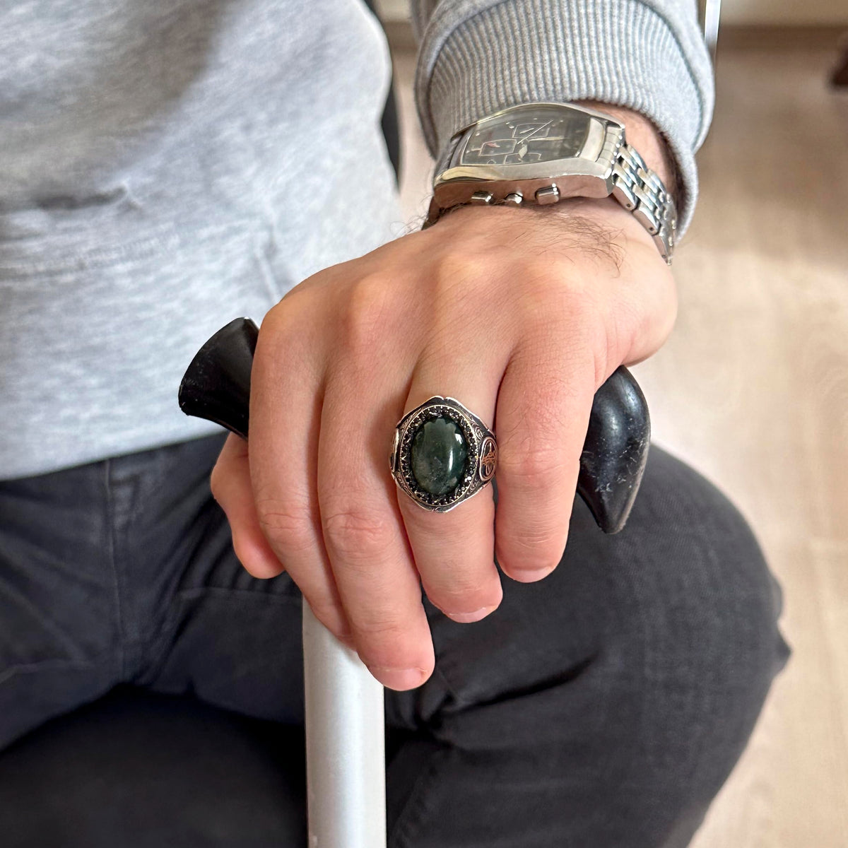 925 Sterling Silver Men's Ring - Handmade Elegant Moss Agate Stone — 3