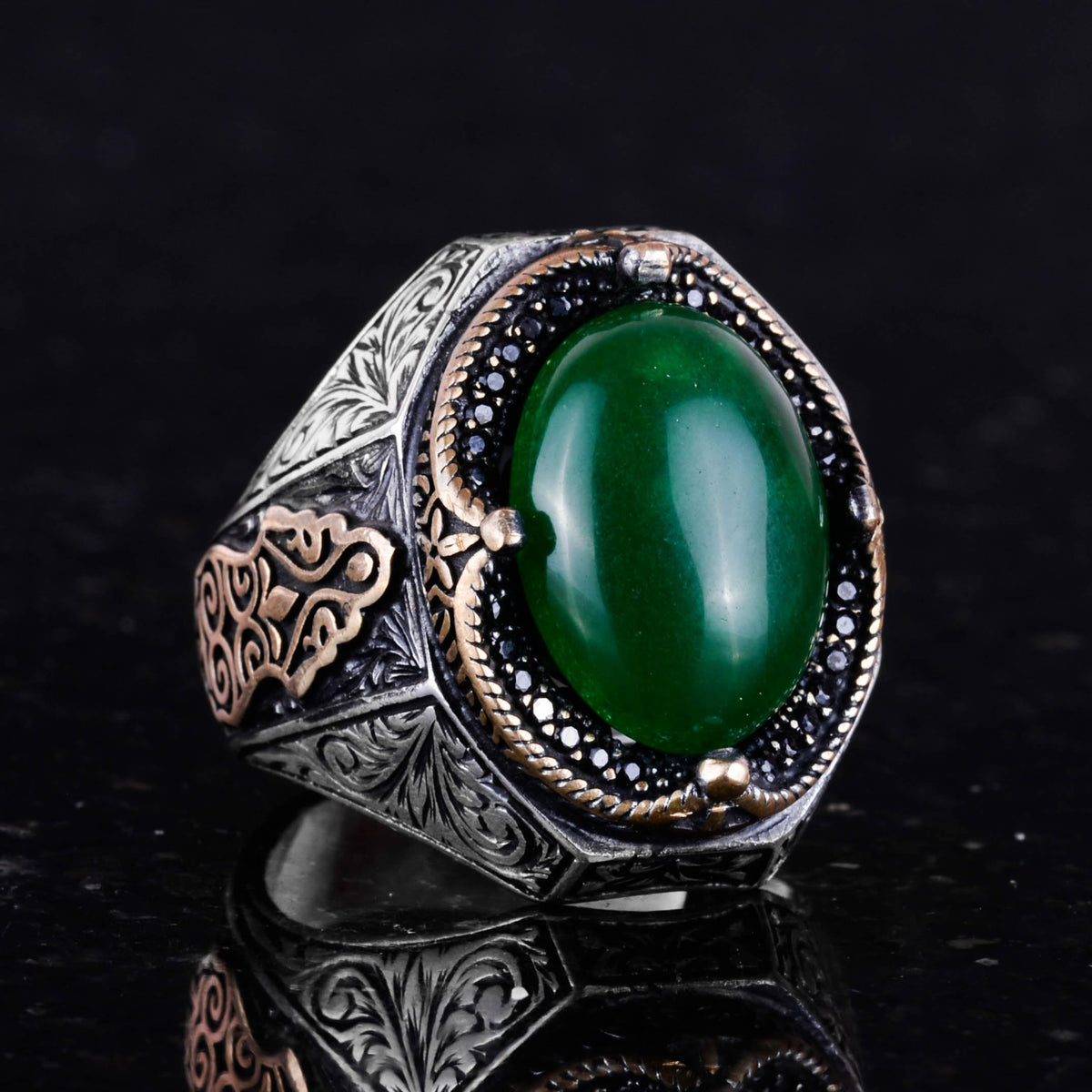 925 Sterling Silver Solid Men's Ring - Handmade Natural Jade Stone, Harmony and Abundance Design — 5