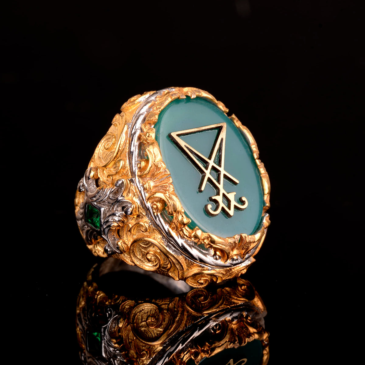 KAMBO Jade Stone Ring Men’s 925 Sterling Silver Signet Ring Handmade Gold Plated King Style Vintage Statement Jewelry Bi
