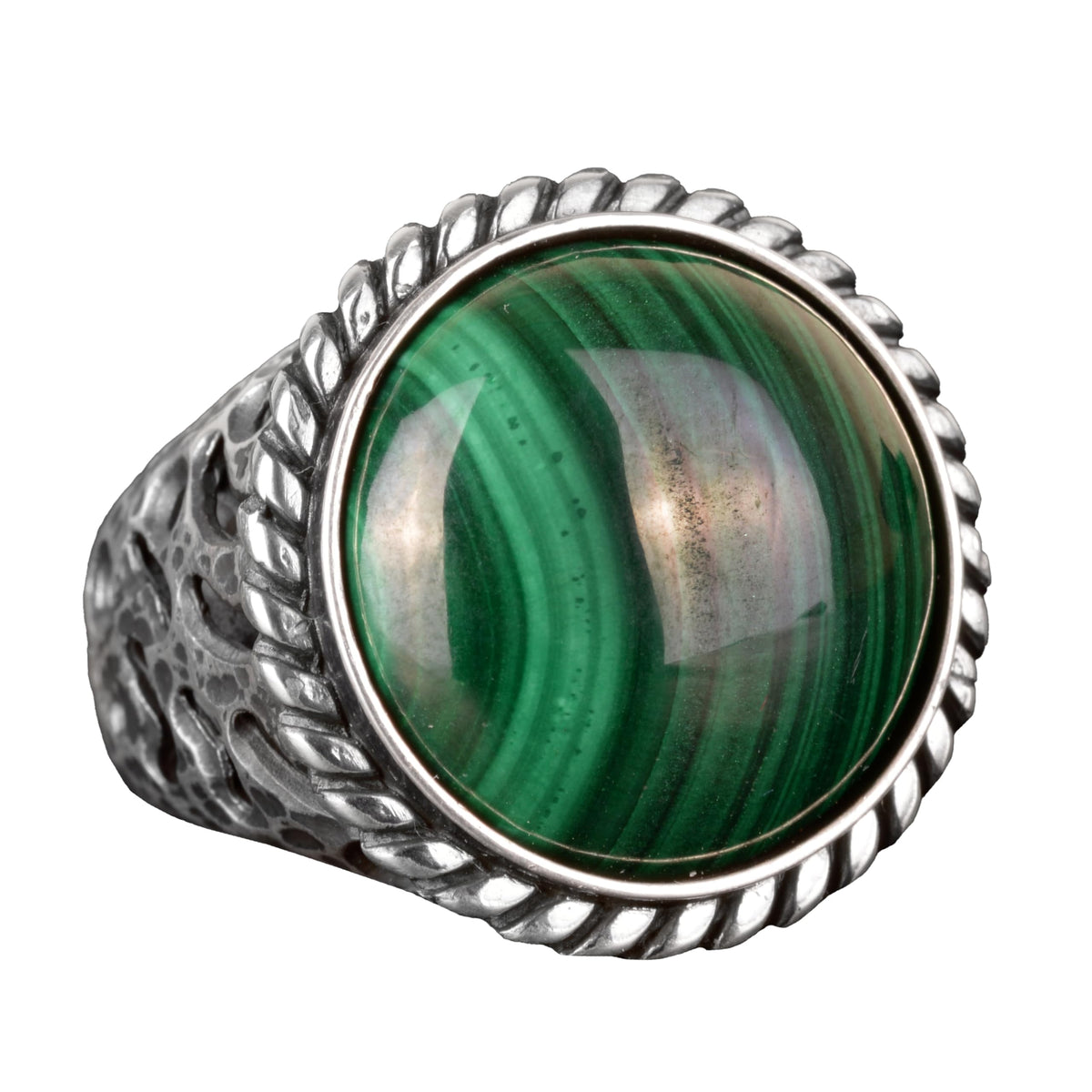 925 Sterling Silver Ring, Natural Malachite Stone Round Men's Ring