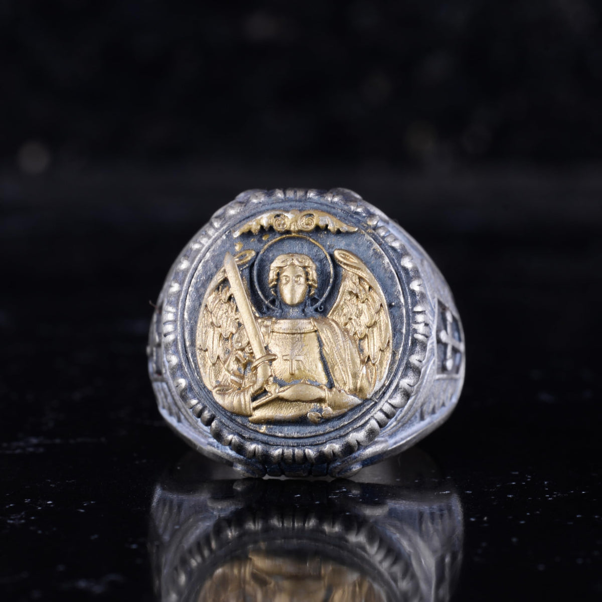 KAMBO Archangel Michael Men's Ring – Gold Plated 925 Sterling Silver Angel Sword Cross Ring – Handmade Christian Statement Jewelry — 4