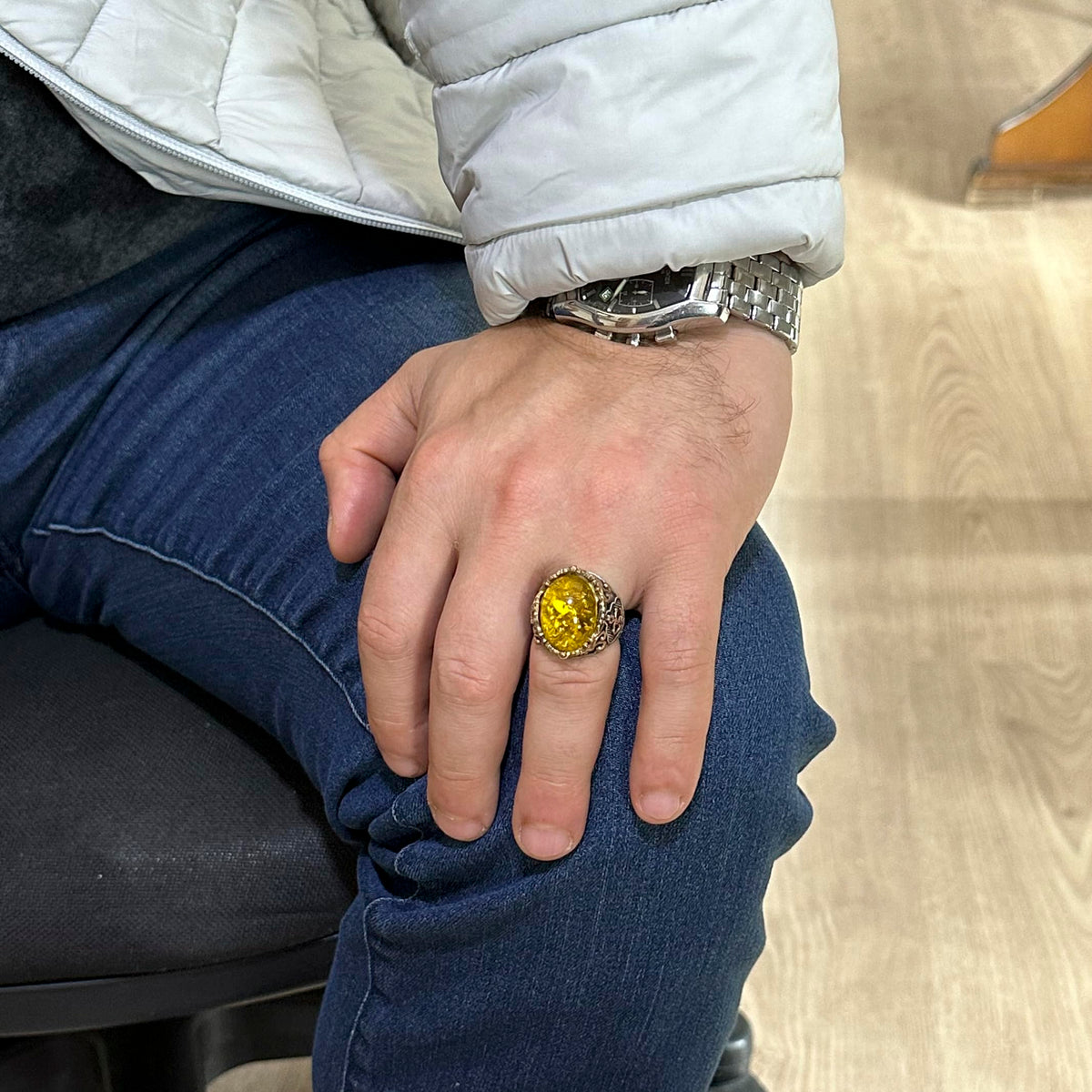 Honey Color Artificial Amber Stone Ring, 925 Sterling Silver Ring, Sailor Octopus Silver Ring — 3