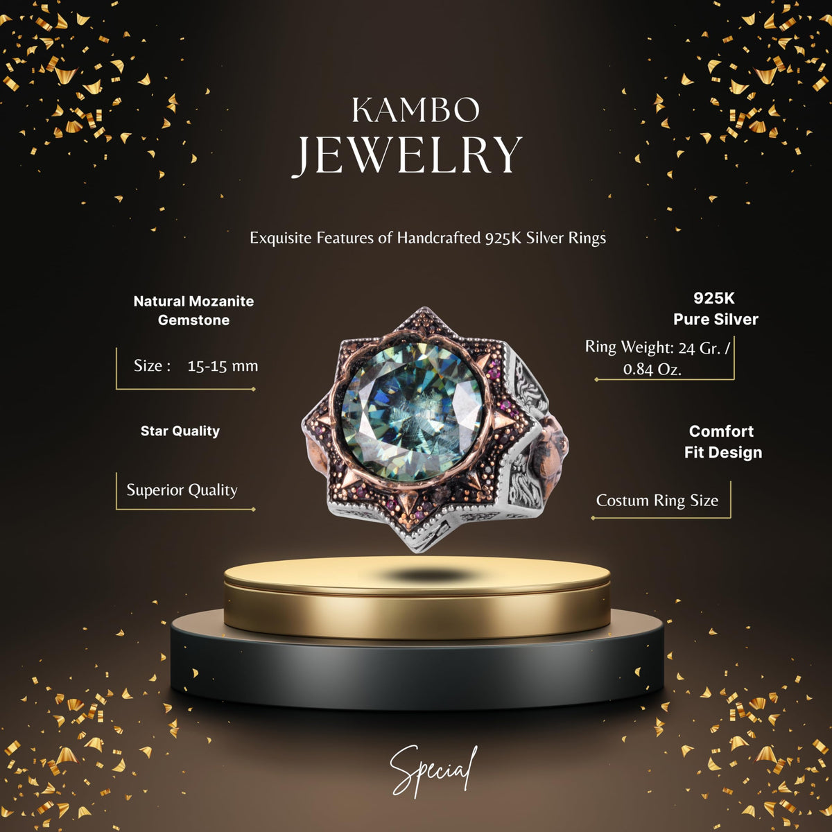 KAMBO Certified Moissanite Stone Men's Ring – Star Shaped Design – Certified 925 Sterling Silver Statement Ring — 2