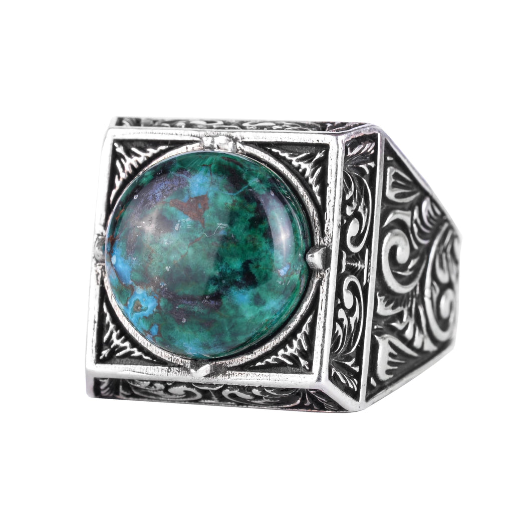 KAMBO Natural Round Stone Square Men's Ring 925 Sterling Silver – Ottoman Pattern Handmade Stone Ring (Chrysocolla)