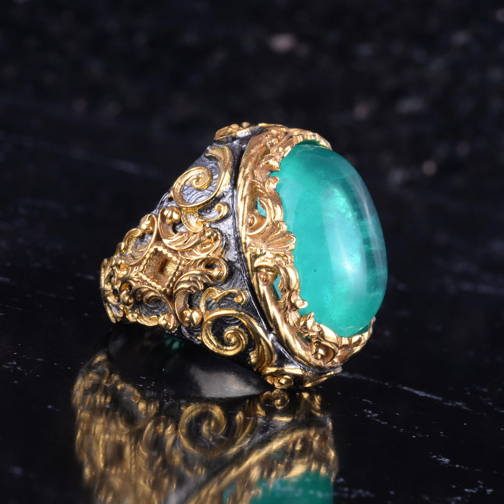 KAMBO Synthetic Paraiba Stone Men's Ring - Gold Plated 925 Sterling Silver - Large Oval Green Stone Handmade Ring — 6