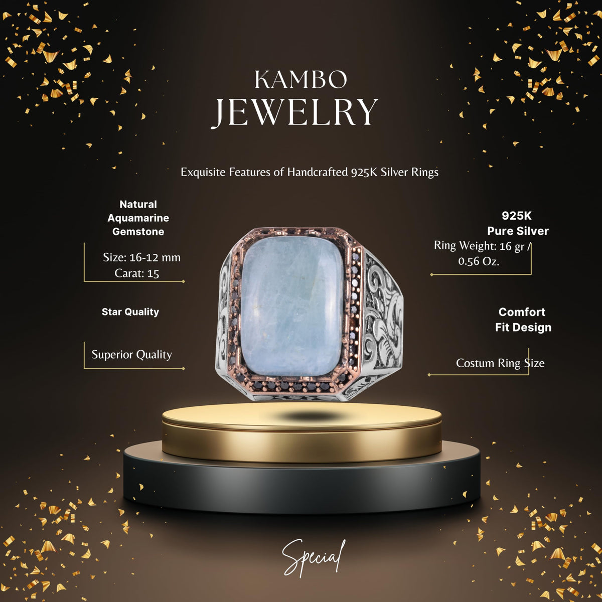 KAMBO Natural Stone Ring for Men 925 Sterling Silver - Rectangular Statement Ring Handmade Jewelry (Aquamarine) — 2