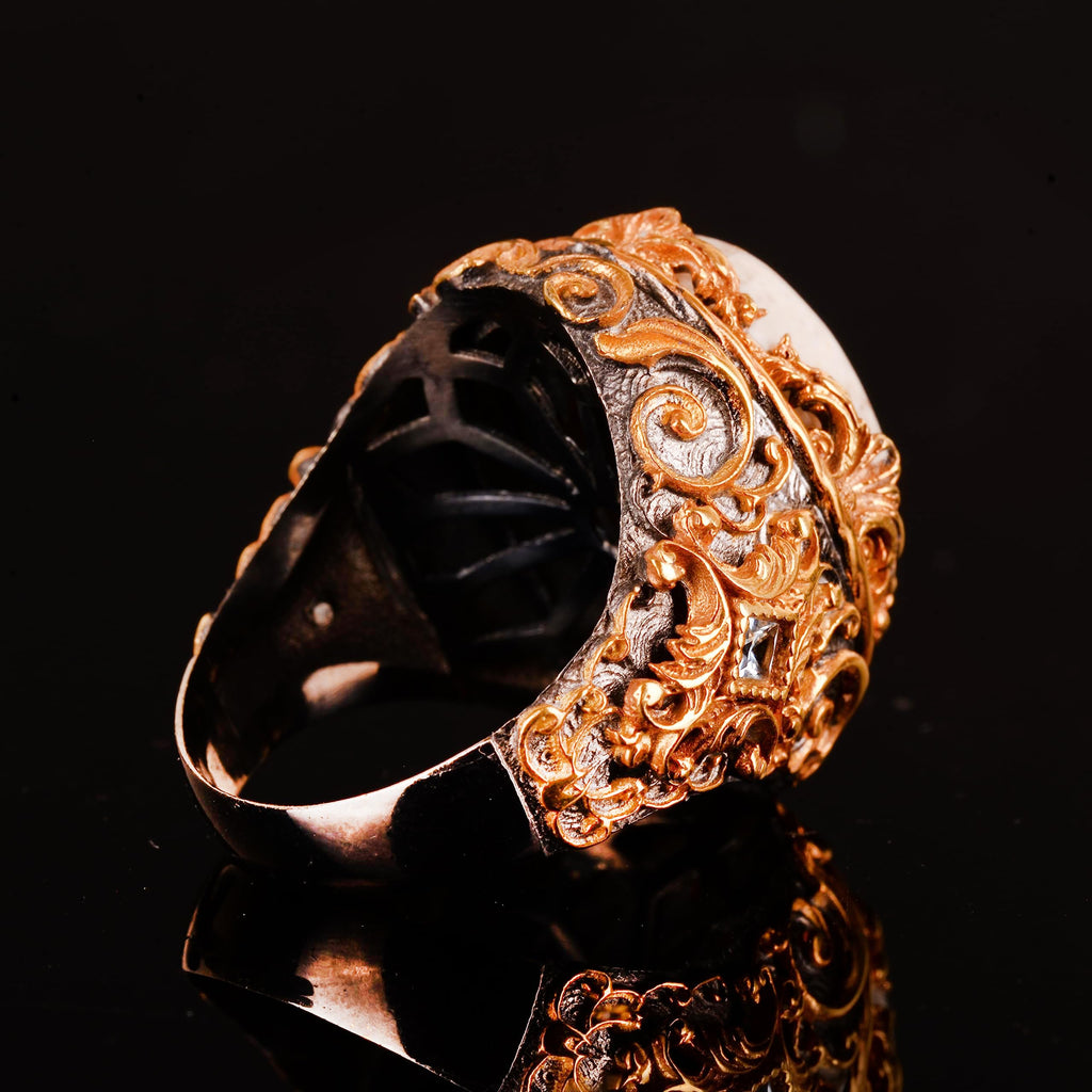 Natural Coral Stone Ring - Handmade, 925 Sterling Silver — 6