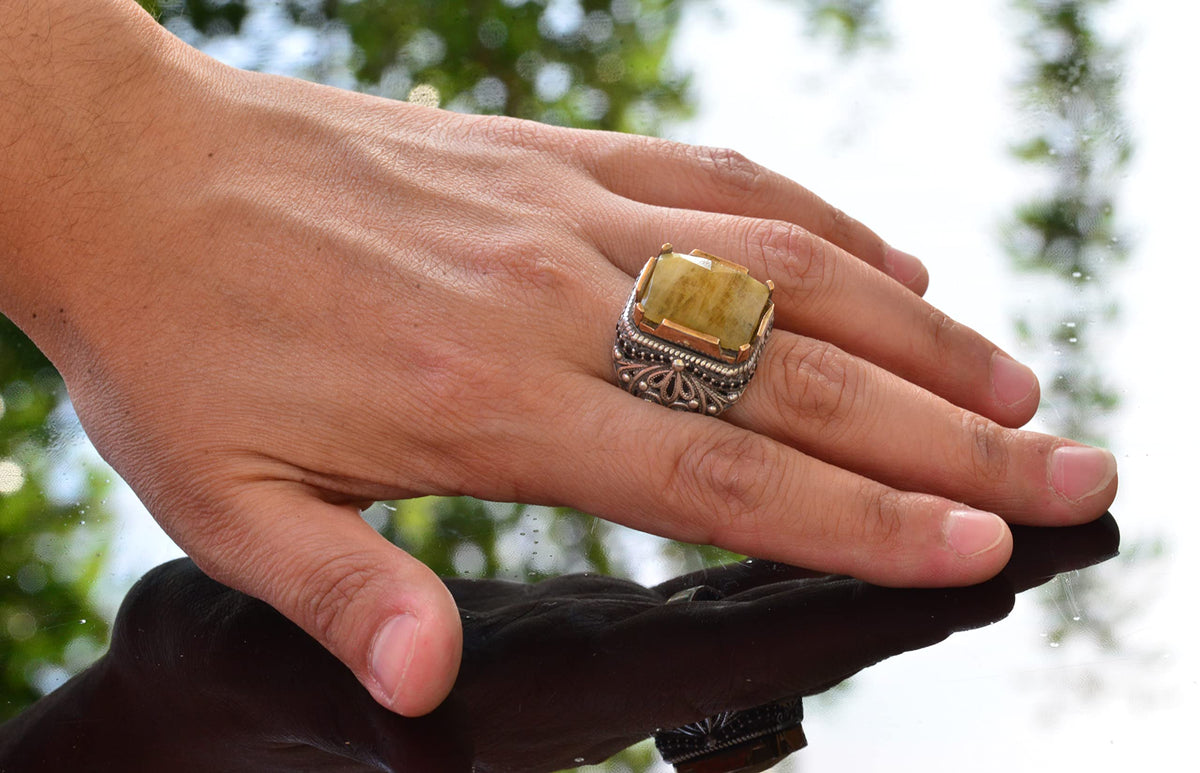 Yellow Sapphire Ring, Silver Yellow Sapphire Ring, 925 Sterling Silver Men's Ring, Large Ring — 6
