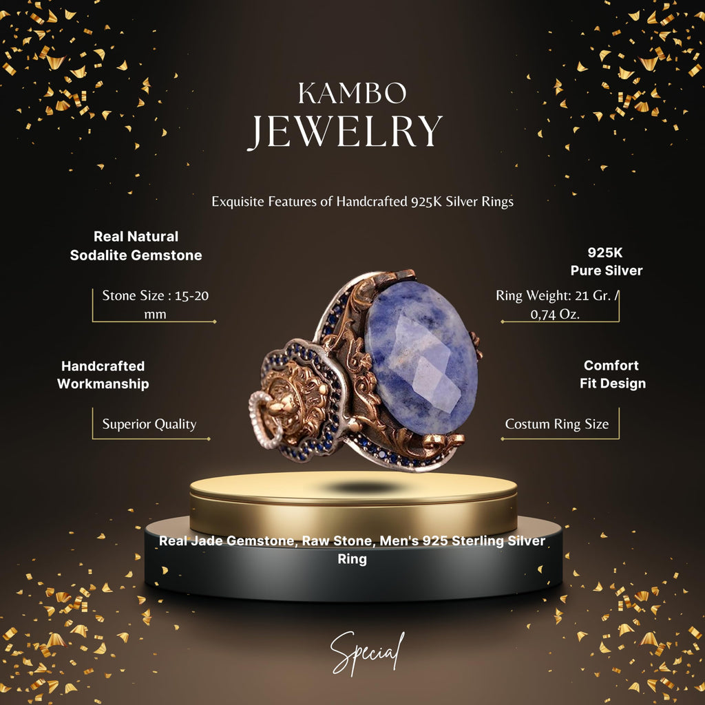 KAMBO Handmade 925 Sterling Silver Men's Ring with Genuine Sodalite Gemstone, Lion Design, Gold Plated Vintage Statement