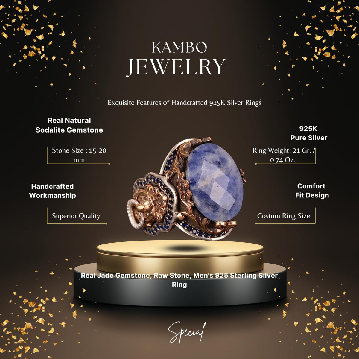 KAMBO Handmade 925 Sterling Silver Men's Ring with Genuine Sodalite Gemstone, Lion Design, Gold Plated Vintage Statement