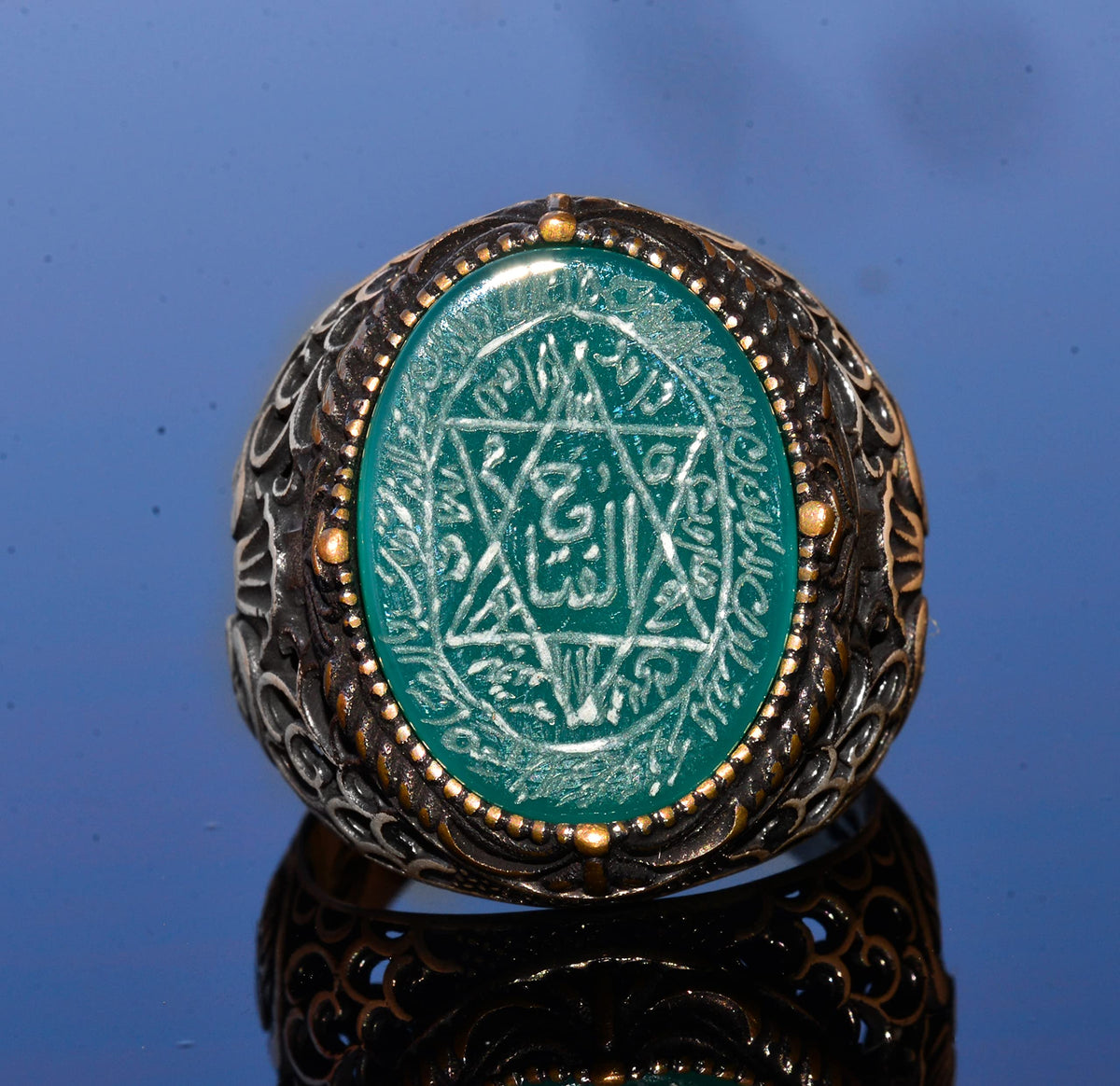 Handmade Solomon Seal Ring, Natural Green Onyx Stone, Islamic Men's Ring, 925 Sterling Silver — 5