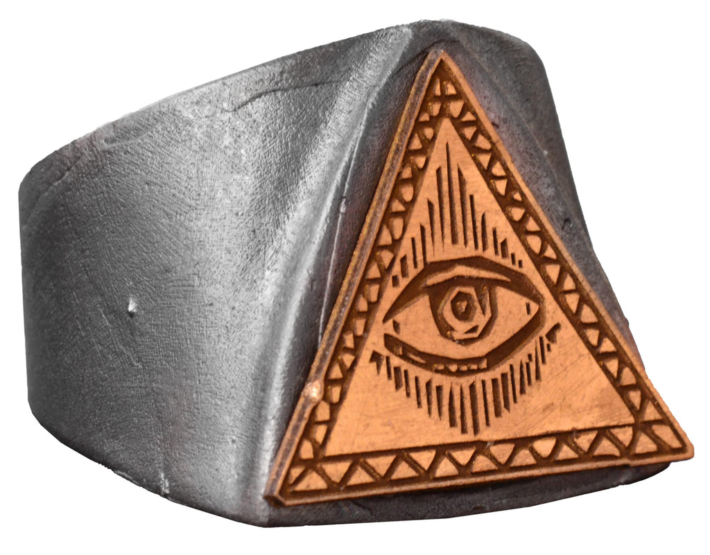 Handcrafted 925 Sterling Silver Men's Ring with Gold-Plated Triangle Eye Symbol