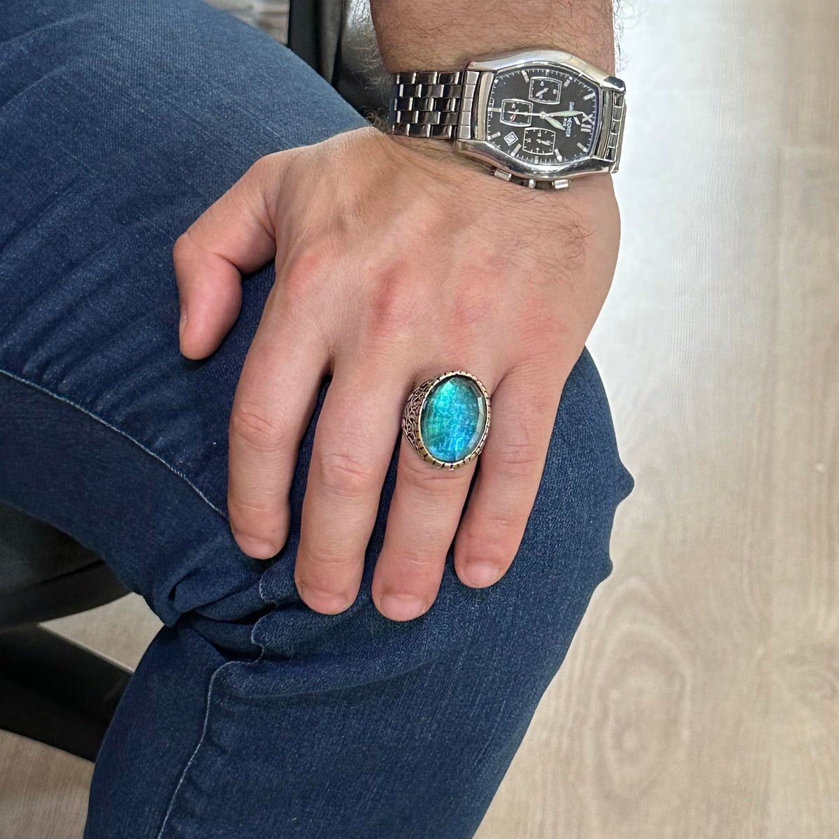 Synthetic Stone Ring, 925 Sterling Silver Men's Ring, Large Ring (Synthetic Aquamarine Stone) — 2