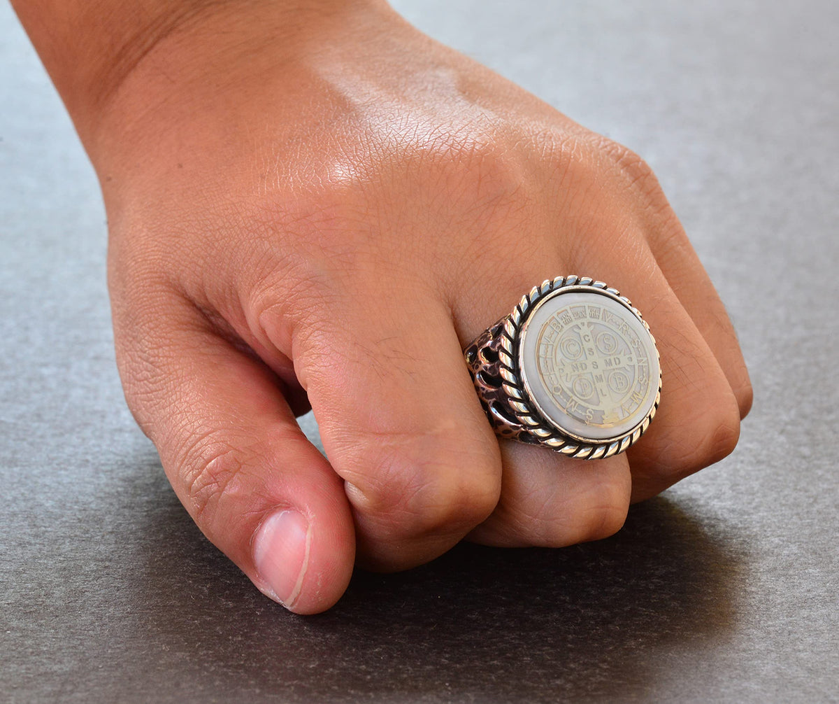 KAMBO 925 Sterling Silver Ring - Seal Men's Ring - Symbol Ring (Saint Benedict) — 7