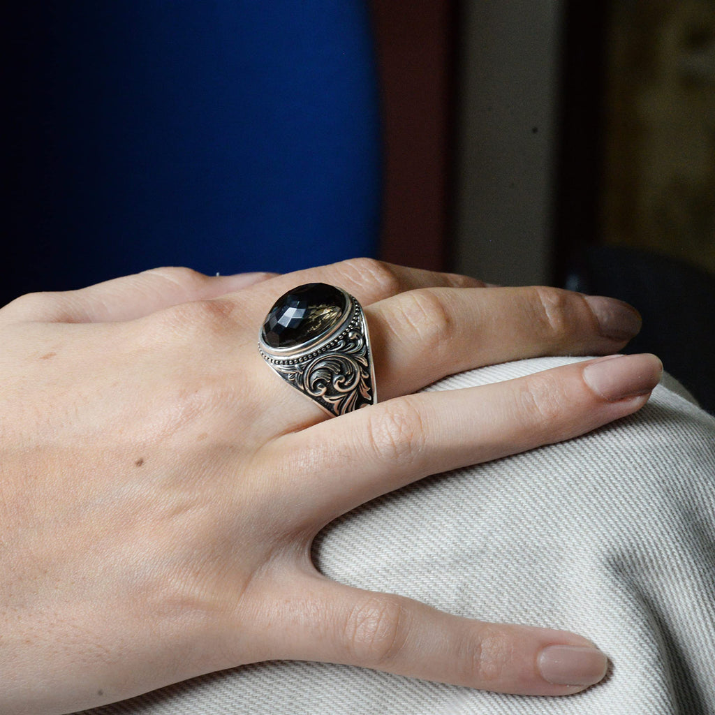 Natural Stone Ring, 925 Sterling Silver Ring (Smoky Quartz) — 7