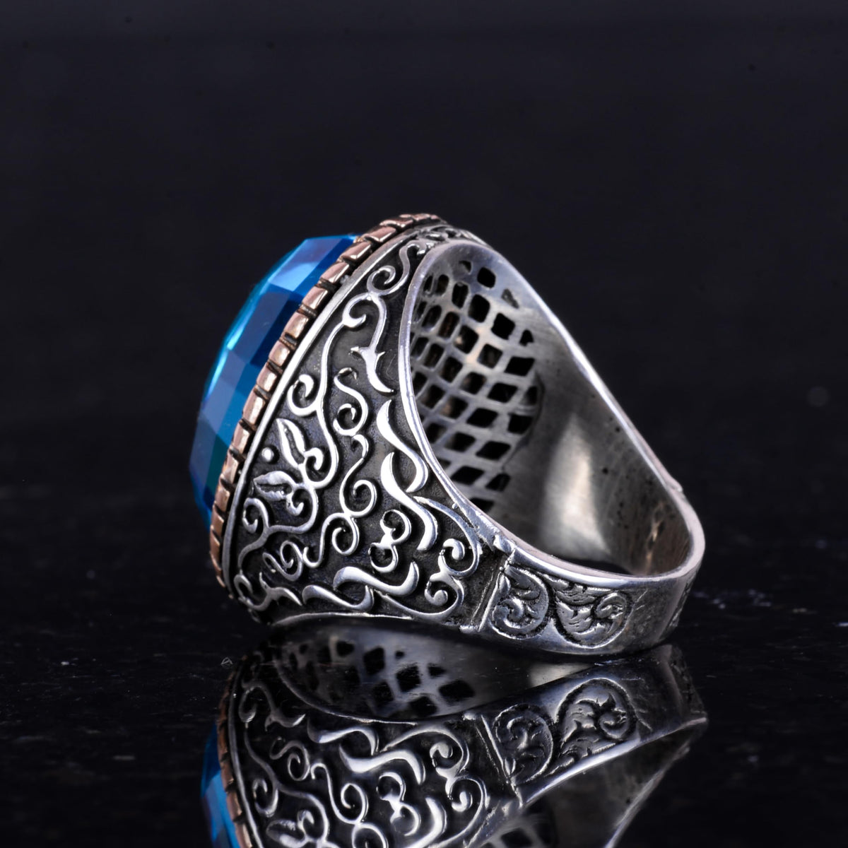 Synthetic Stone Ring, 925 Sterling Silver Men's Ring, Large Ring (Synthetic Aquamarine Stone) — 6