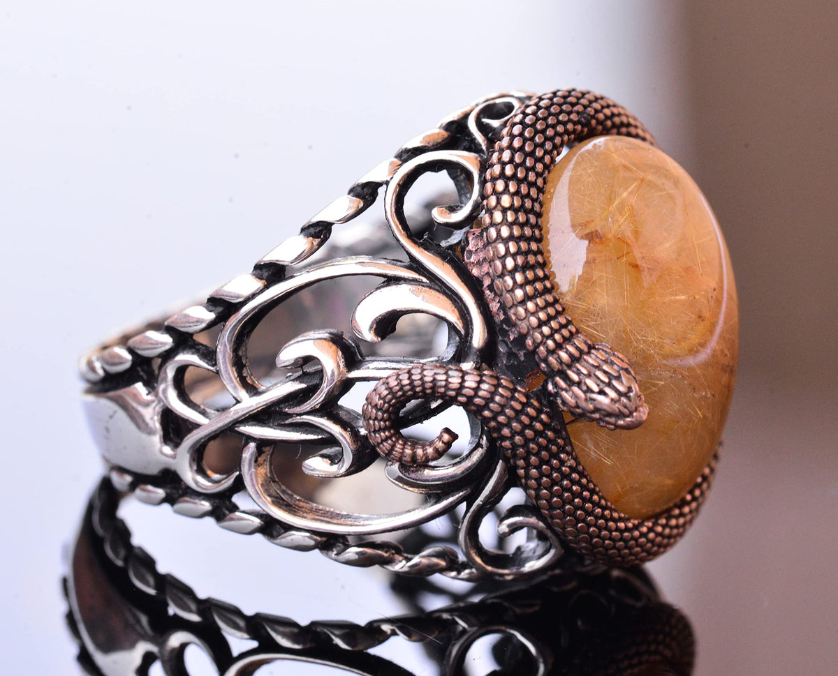 925 Sterling Silver Men's Ring - Gold Rutile Quartz Stone — 4