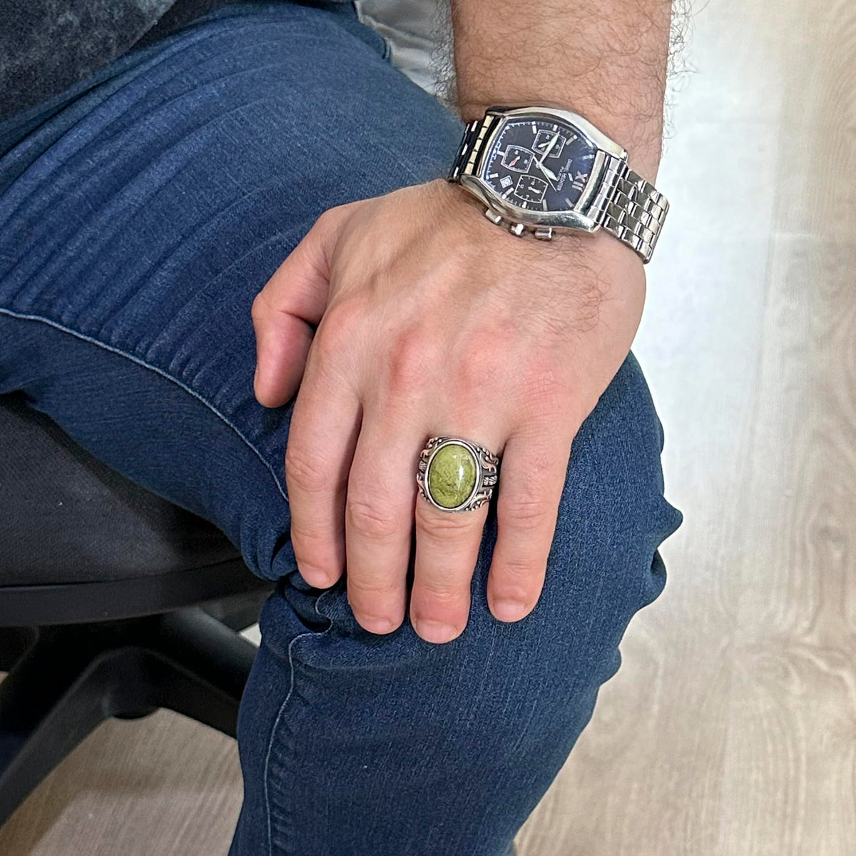 Handcrafted 925 Sterling Silver Men's Ring - with Natural Unakite Stone — 3