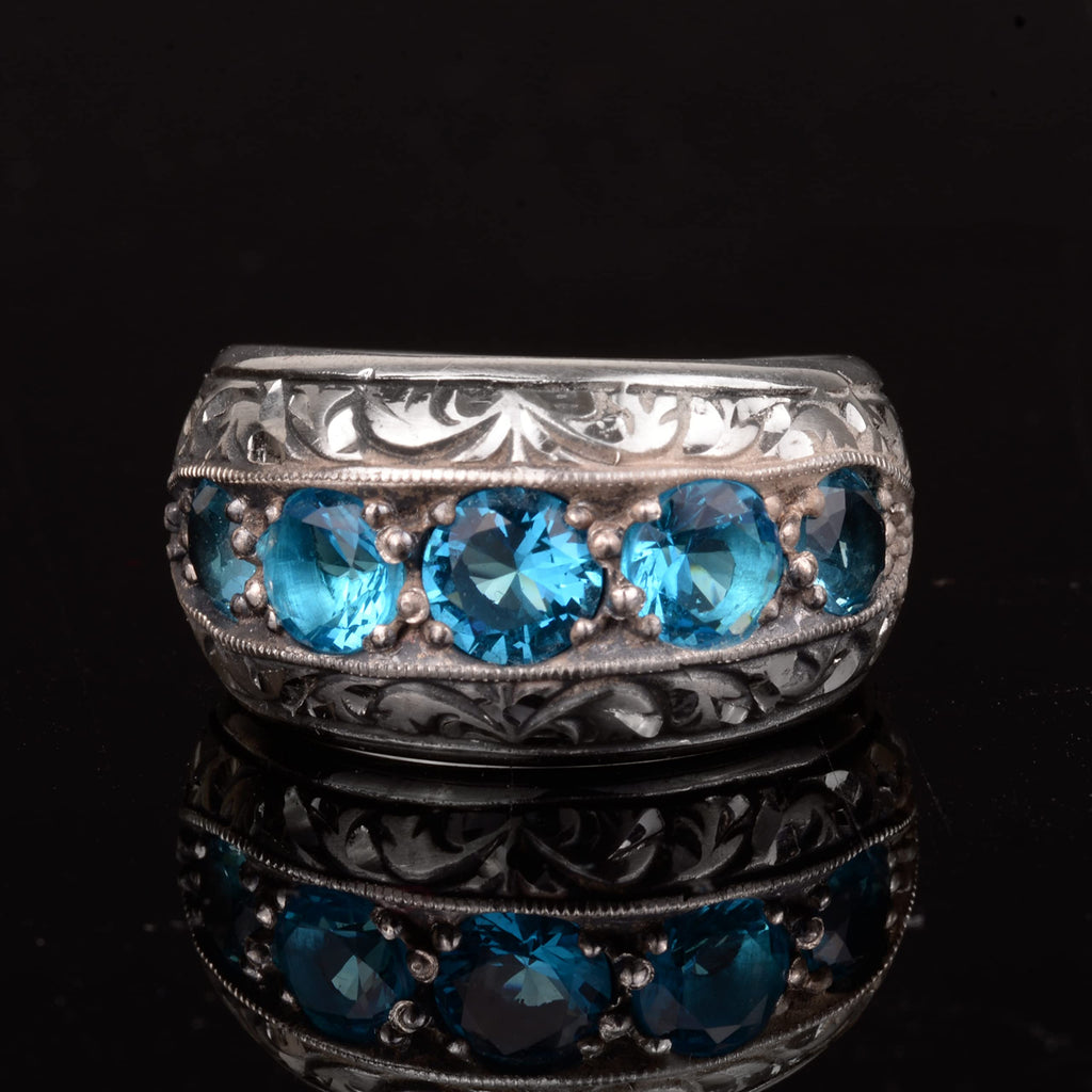 Silver Men's Ring – with Synthetic Blue Topaz Stone, Calligraphic Craftsmanship — 8